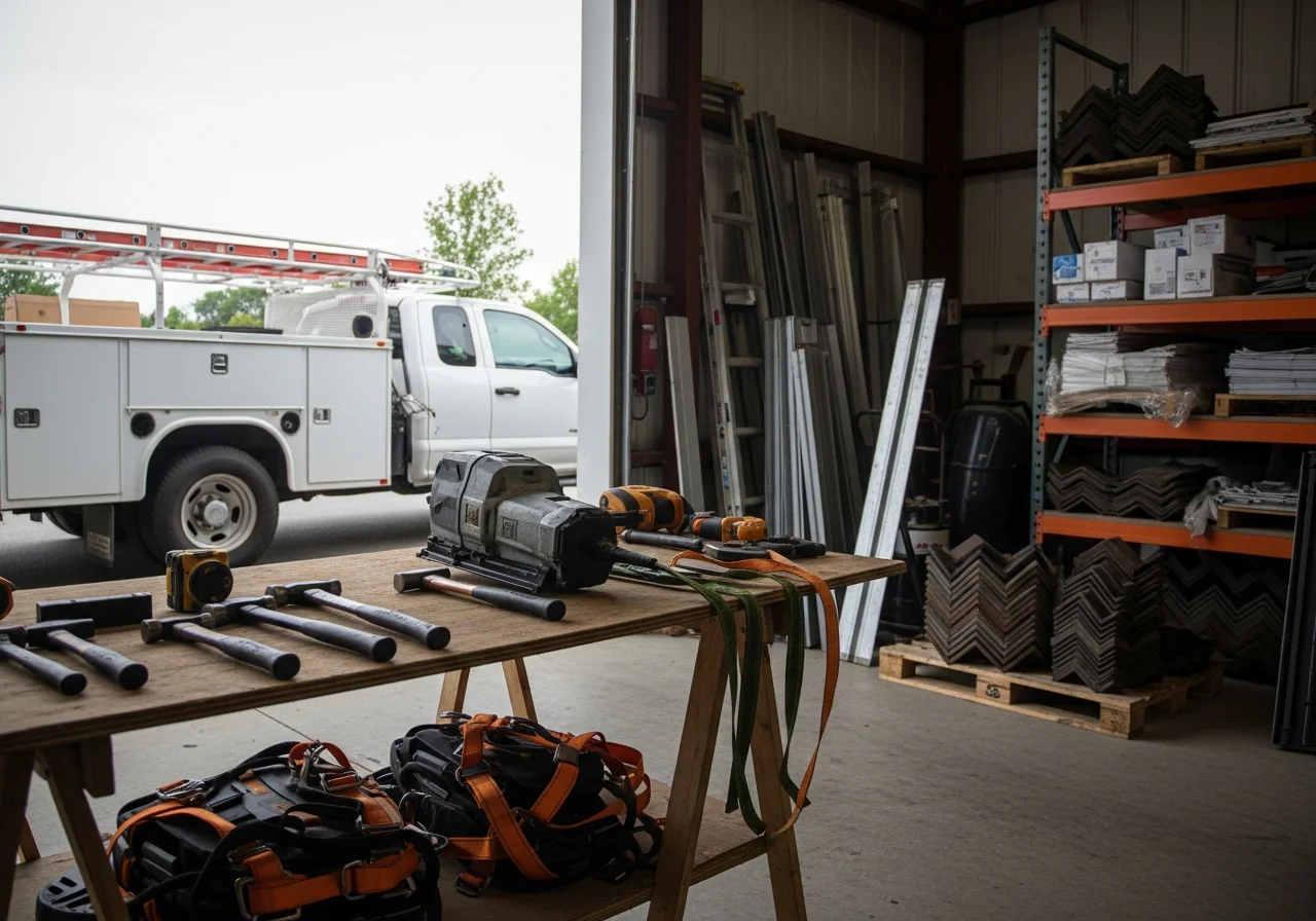 Professional roofing crew with tools and equipment ready for residential roof work, demonstrating quality craftsmanship and industry expertise.