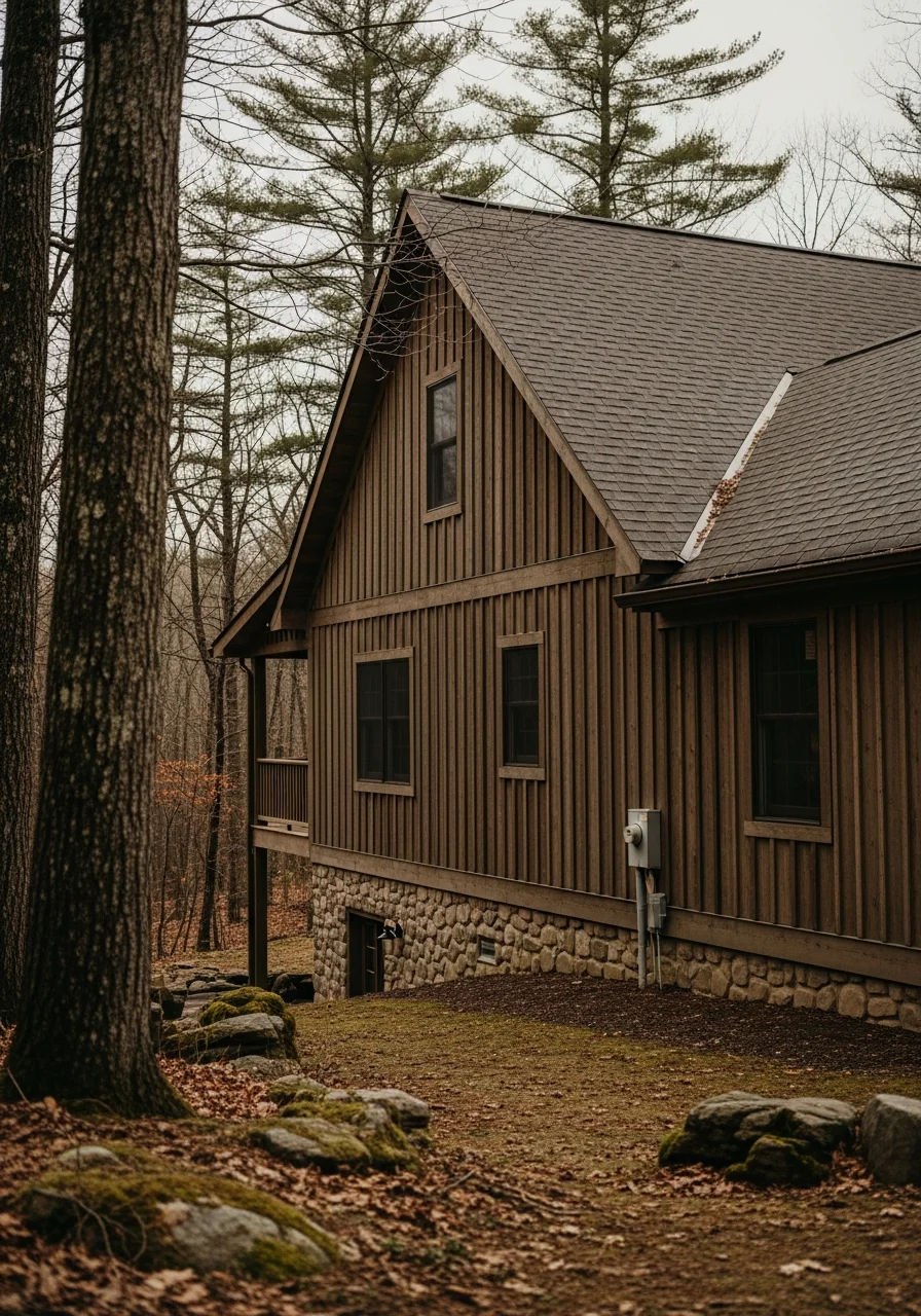 Portrait of a Bushkill mountain home showing residential structure in natural forest landscape setting.