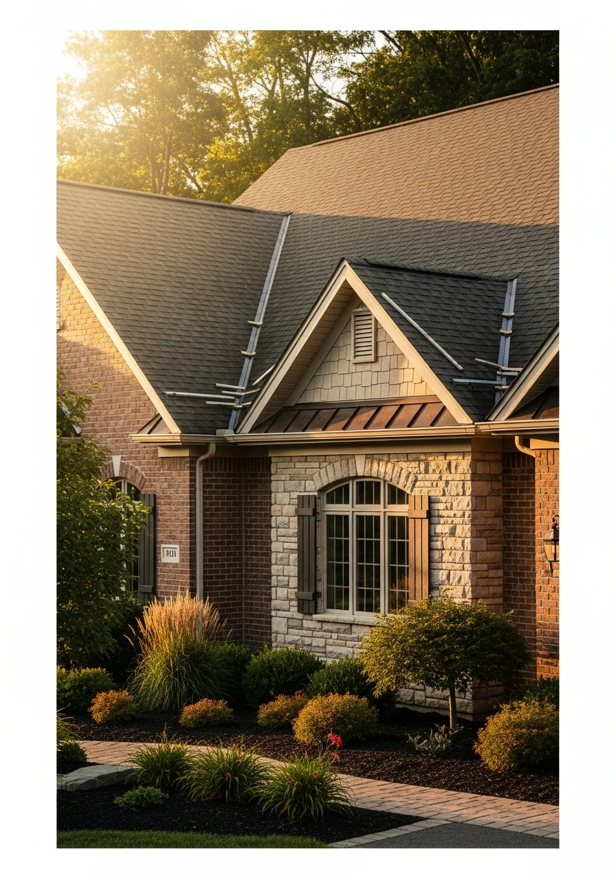Portrait of a well-maintained East Stroudsburg home with brick or stone exterior and landscaped front yard.