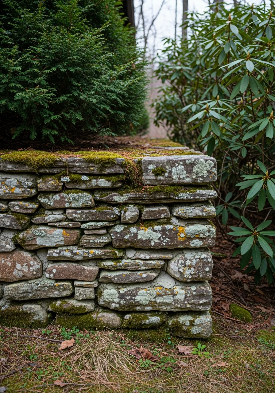 Close-up of a stone foundation and landscaping on a Pocono mountain home with evergreen trees framing the property.