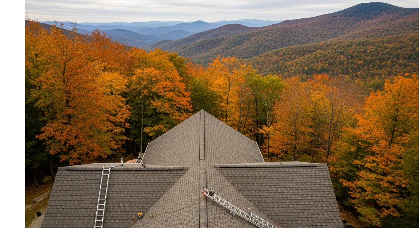 Aerial view of a residential property nestled in forested Pocono mountains with autumn foliage and mountain ridges in the background.