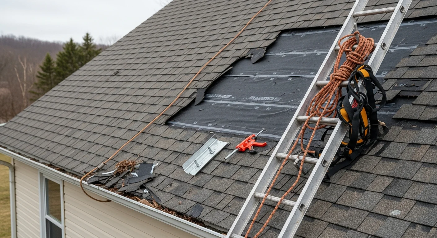 A Pocono region home with storm-damaged shingles and exposed roof decking being assessed by a Mountain Man Roofing crew member after a high-wind event. Close view of lifted flashing and missing shingle sections along the roof edge.