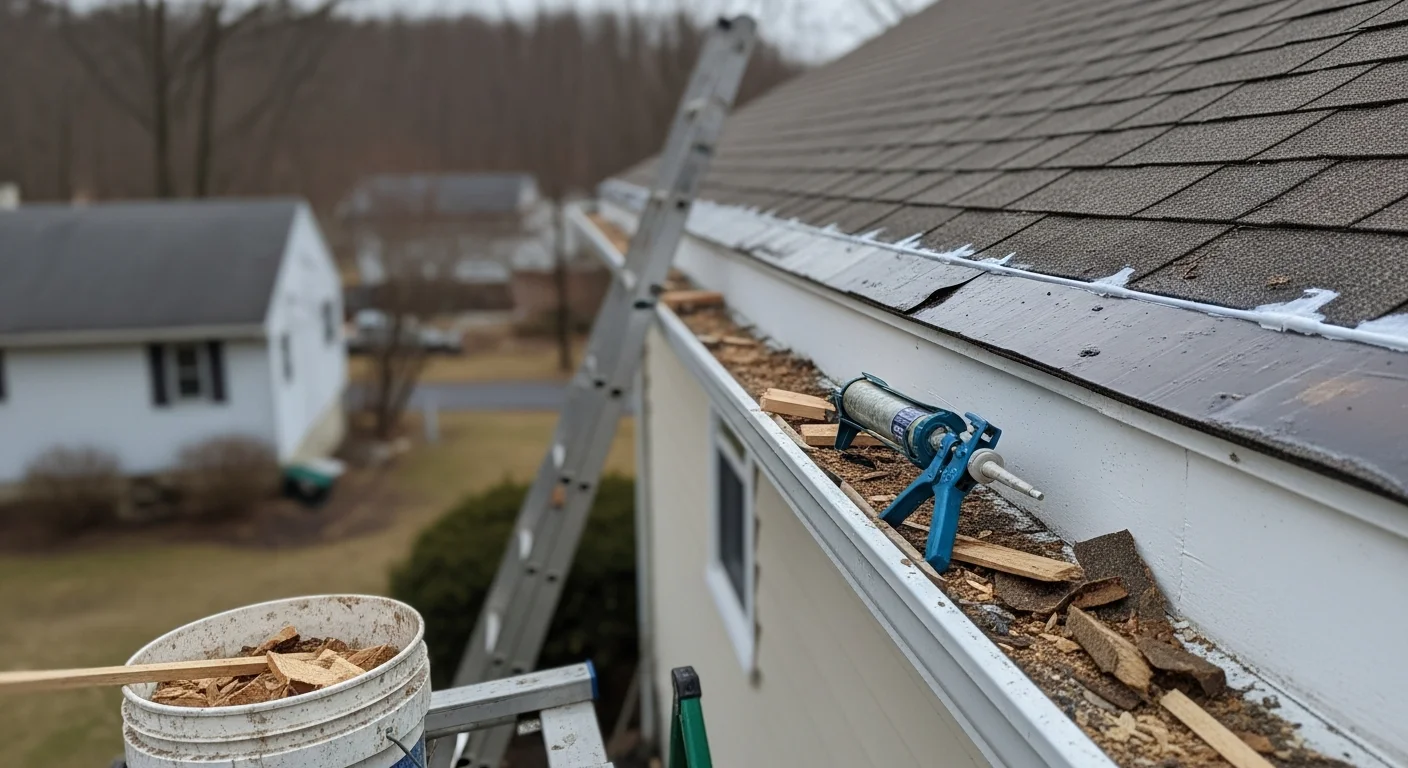 Close-up of a Pocono region home roofline showing a newly repaired fascia board with gutters reattached and no visible rot or damage. The finished board runs cleanly along the roof edge where the shingles meet the gutter system.