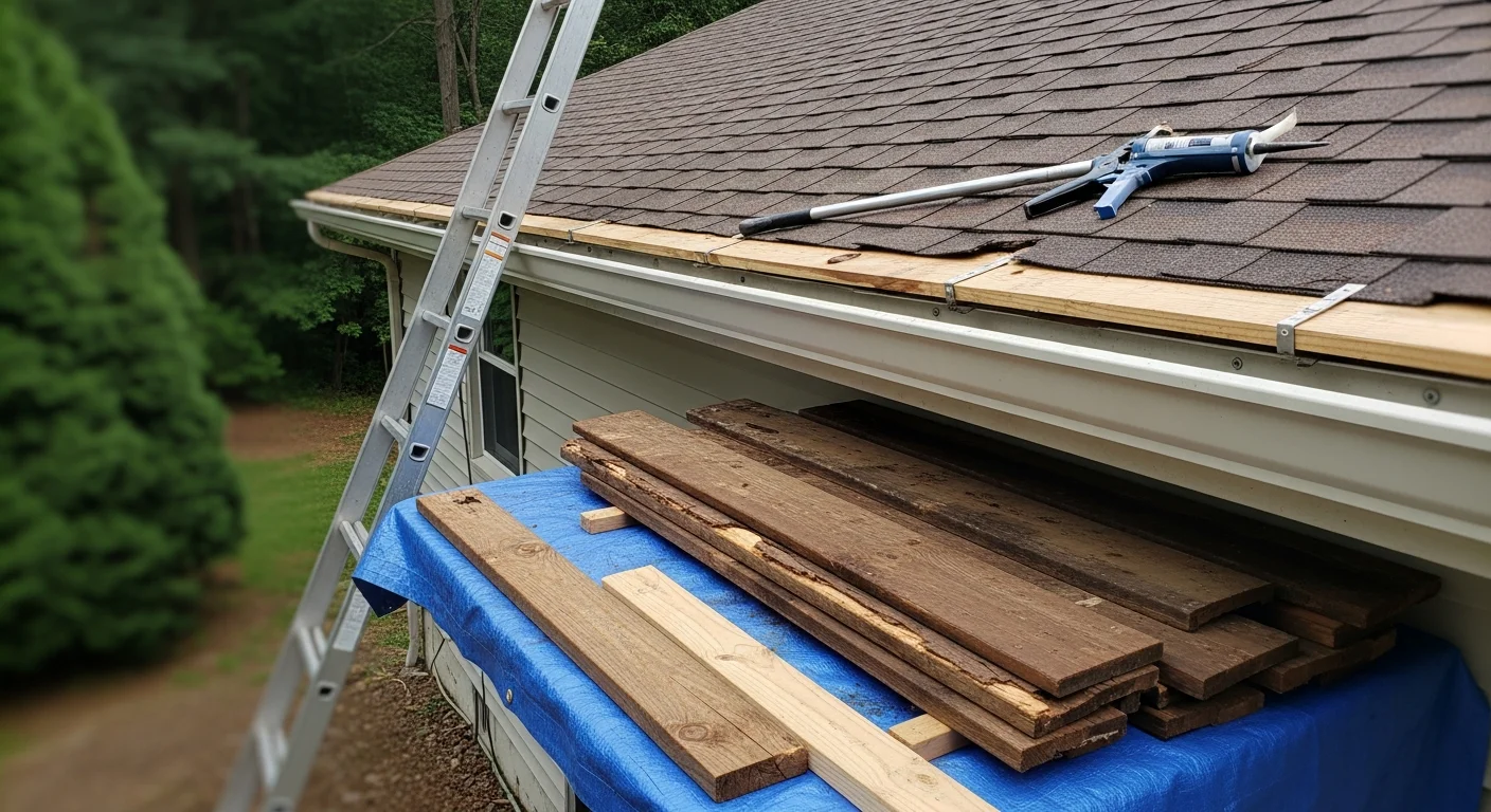 Close-up of a newly installed fascia board along the roofline of a Pocono mountain home, with clean trim edges and gutters seated flush against the board. Surrounding tree canopy and a wood-sided exterior visible in the background.