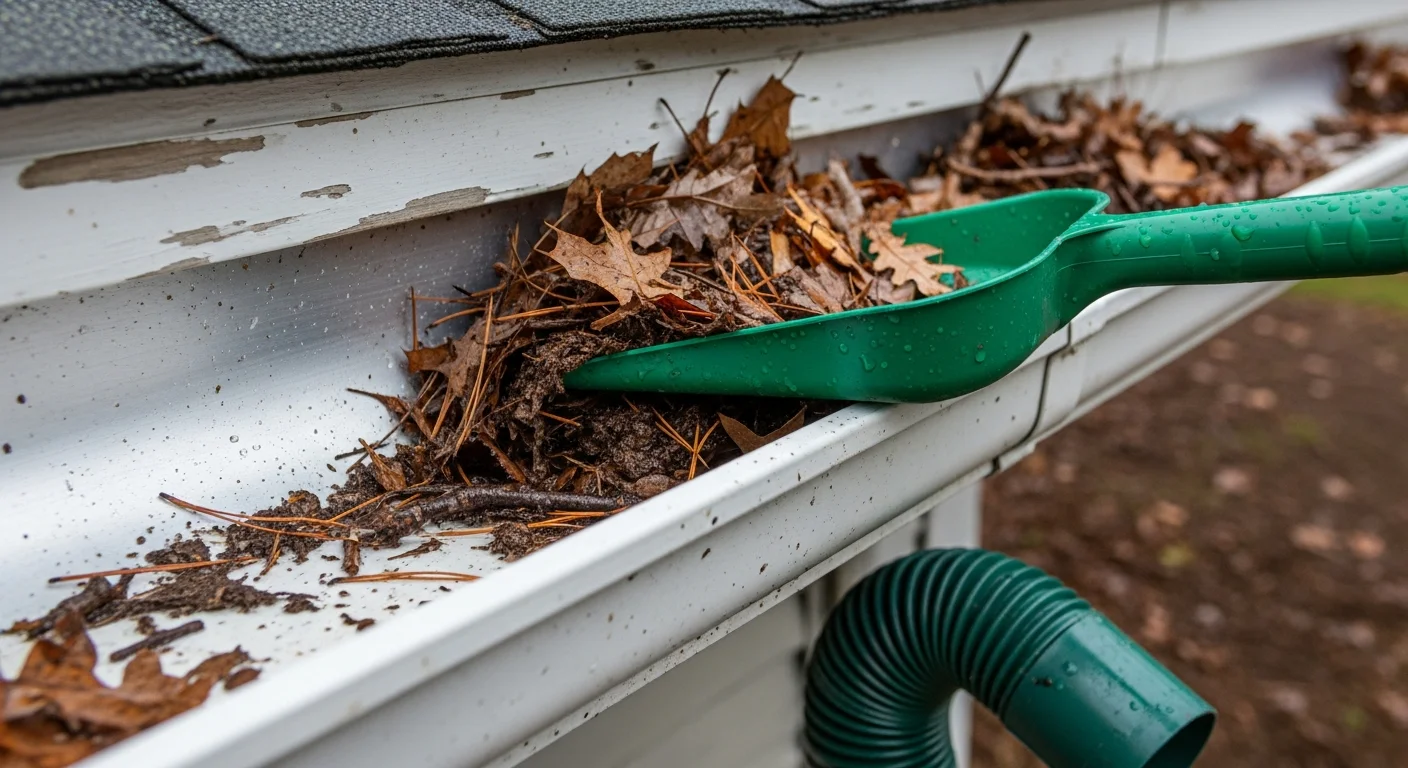 A Mountain Man Roofing crew member removing compacted leaf and pine needle debris from a residential gutter on a wooded Pocono region property. Cleared downspout visible at the corner of the home with no overflow staining on the siding below.