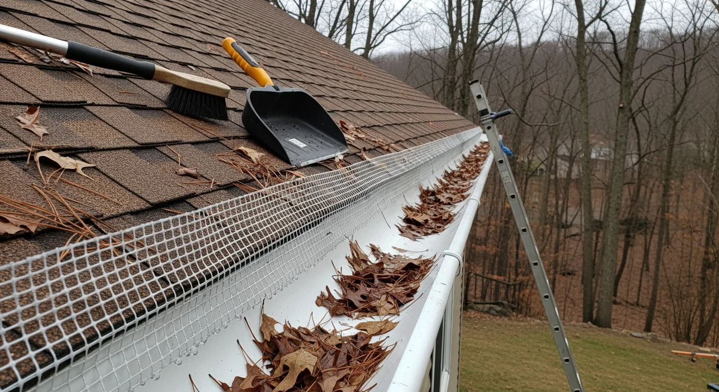 A close-up view of a fitted gutter guard on a residential roofline surrounded by mature trees in the greater Pocono region of Pennsylvania. The guard channel is clear of leaves and debris with water draining properly through the downspout.