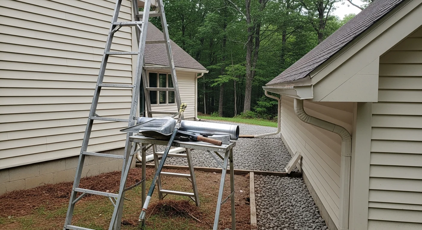 Newly installed seamless gutters on a wood-sided home in the greater Pocono region, with downspouts directed away from the foundation and mature trees visible in the background. Mountain Man Roofing crew member securing a gutter run along a steep roofline on a residential property.