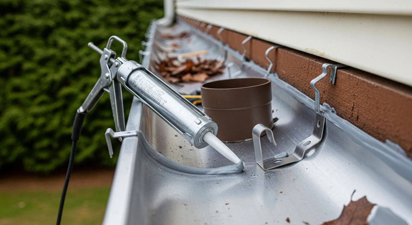 A Mountain Man Roofing crew member resealing a sagging gutter section on a wooded residential property in the greater Pocono region of Pennsylvania. The repaired run shows a corrected pitch angle with a secured hanger and clean downspout connection.