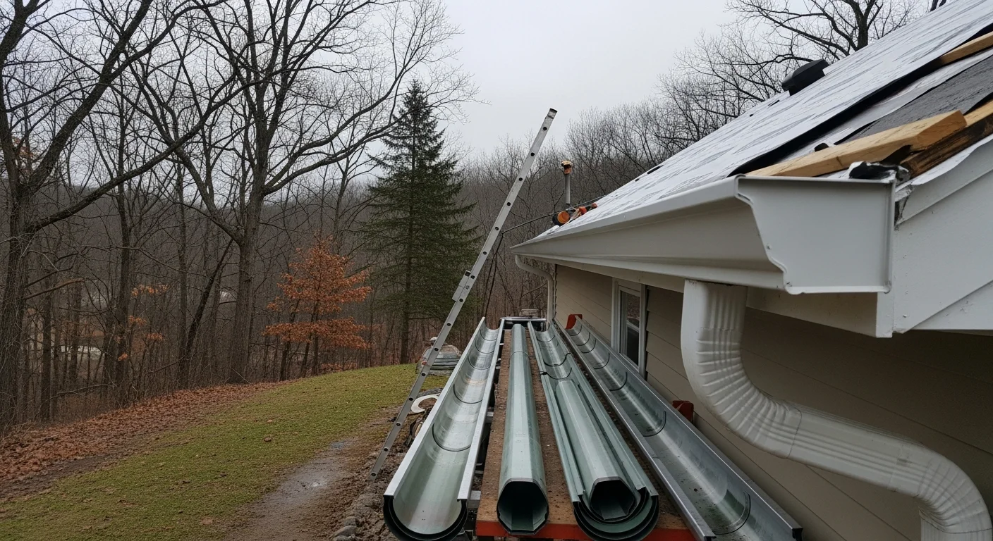 Newly installed gutters running along the roofline of a wooded Pocono region home, with a clean downspout directing water away from the foundation. The surrounding tree canopy and sloped lot reflect typical greater Pocono residential conditions.