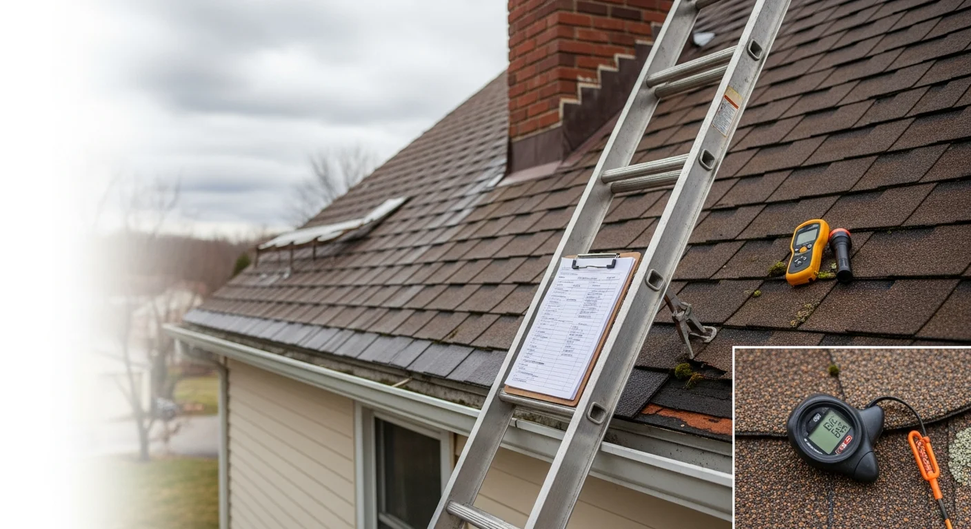 A Mountain Man Roofing contractor inspecting the shingles and flashing on a residential roof in the greater Pocono region of Pennsylvania. The inspector examines the ridge line and gutter edge of a steep-pitched home roof surrounded by mature trees.
