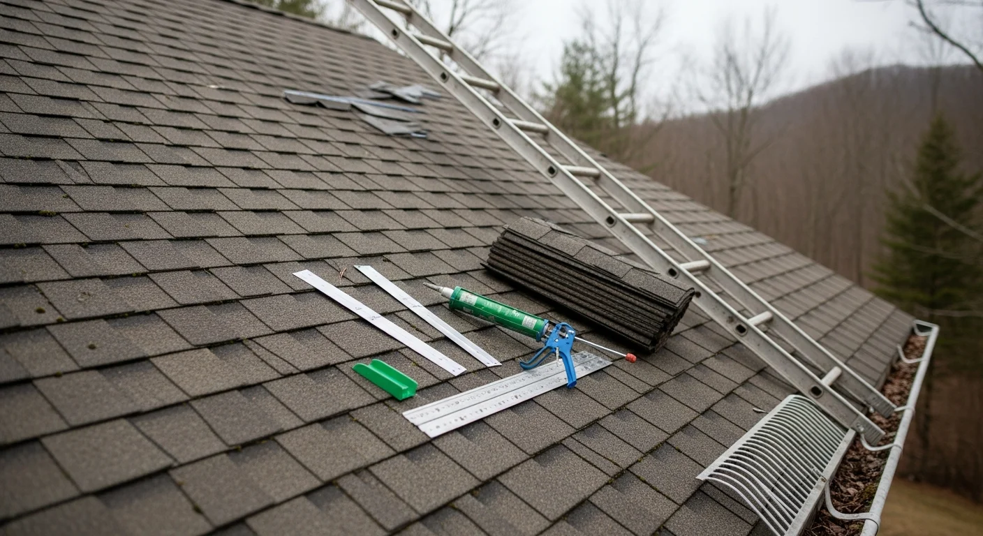 A Mountain Man Roofing crew repairing storm-damaged shingles on a residential home in the greater Pocono region of Pennsylvania. The repaired roof section shows fresh shingles and sealed flashing against a backdrop of wooded mountain terrain.