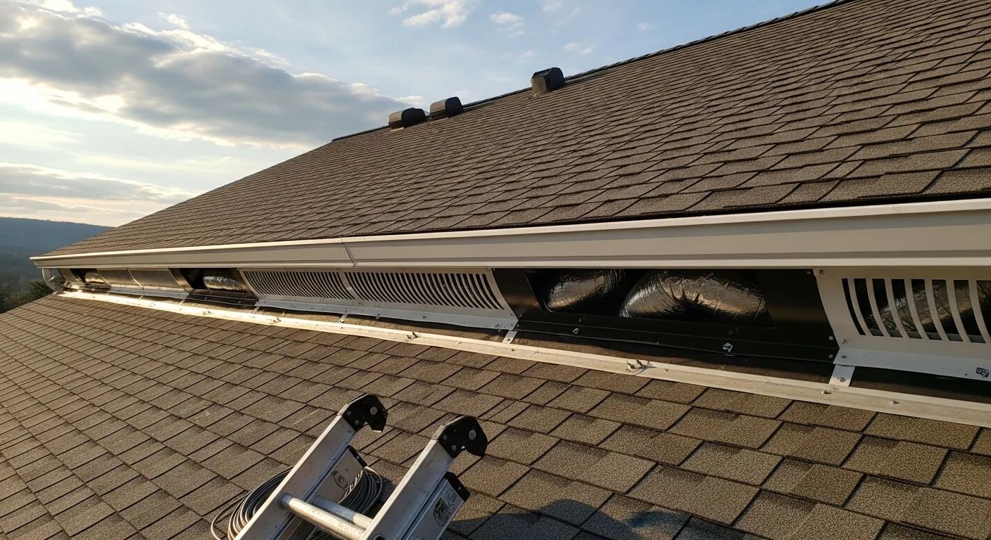 A Pocono-area residential roof showing newly installed ridge vents running along the peak and soffit vents visible along the eave line. The home sits among mature trees typical of the greater Pocono region, with a steeply pitched roof designed to shed heavy snow loads.