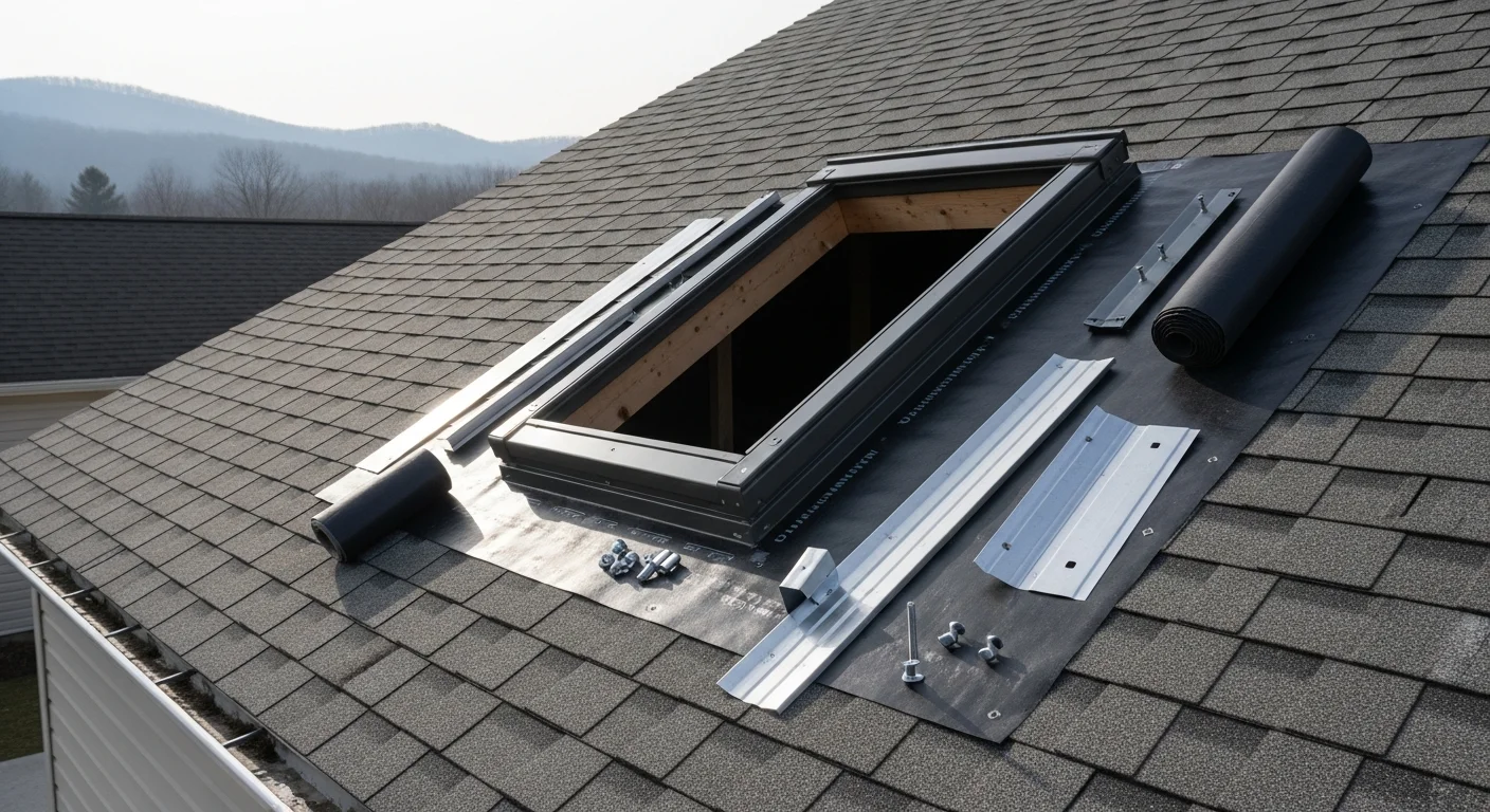 A newly installed skylight centered on a pitched asphalt shingle roof of a residential home in the greater Pocono region. The skylight frame sits flush with the surrounding shingles, with clean step flashing visible along both sides.