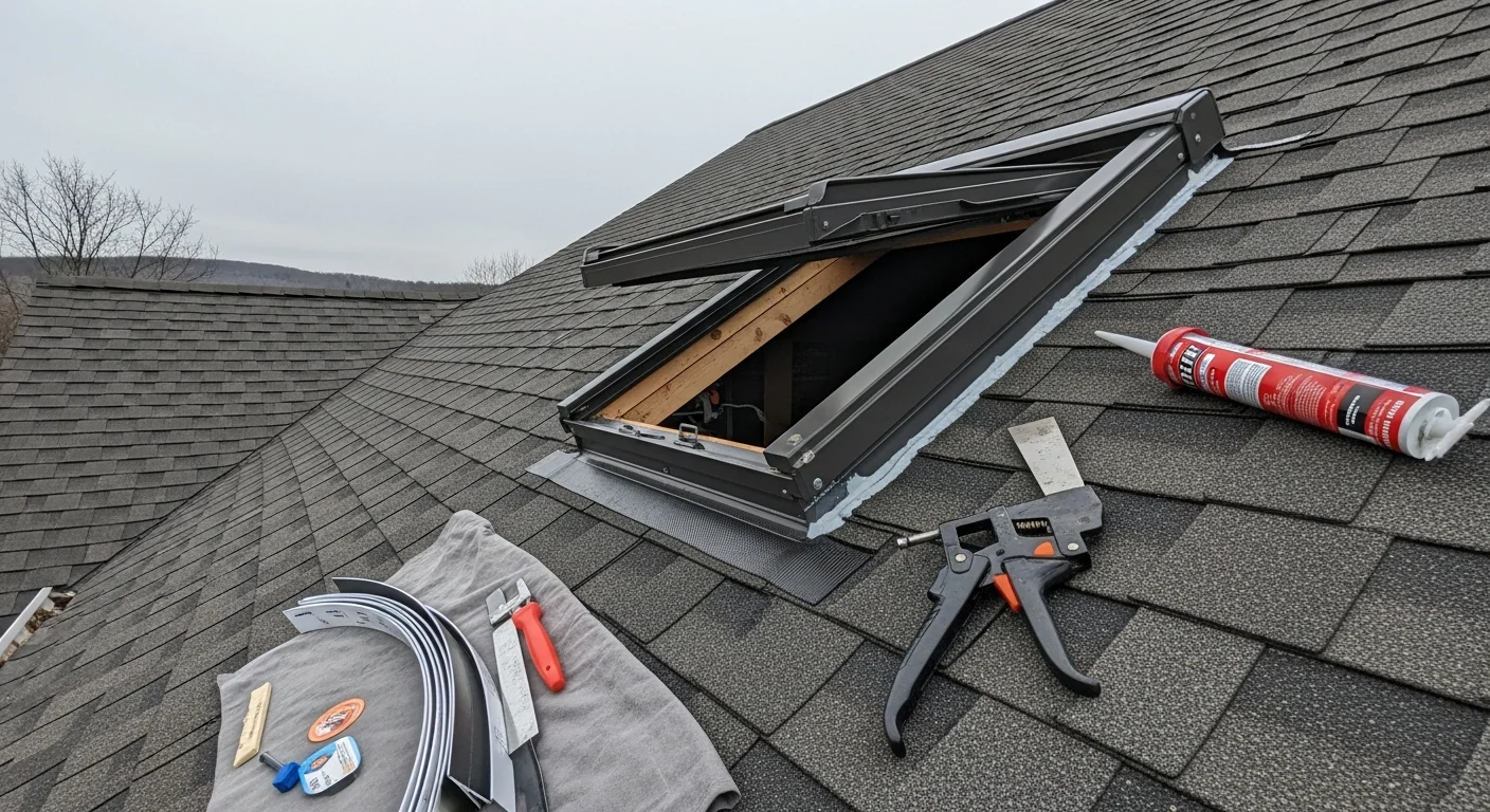 A roofing contractor inspecting the flashing and frame around a skylight on a residential roof in the Pocono region of Pennsylvania. The surrounding shingles and step flashing are visible, showing the repair area on a pitched roof.