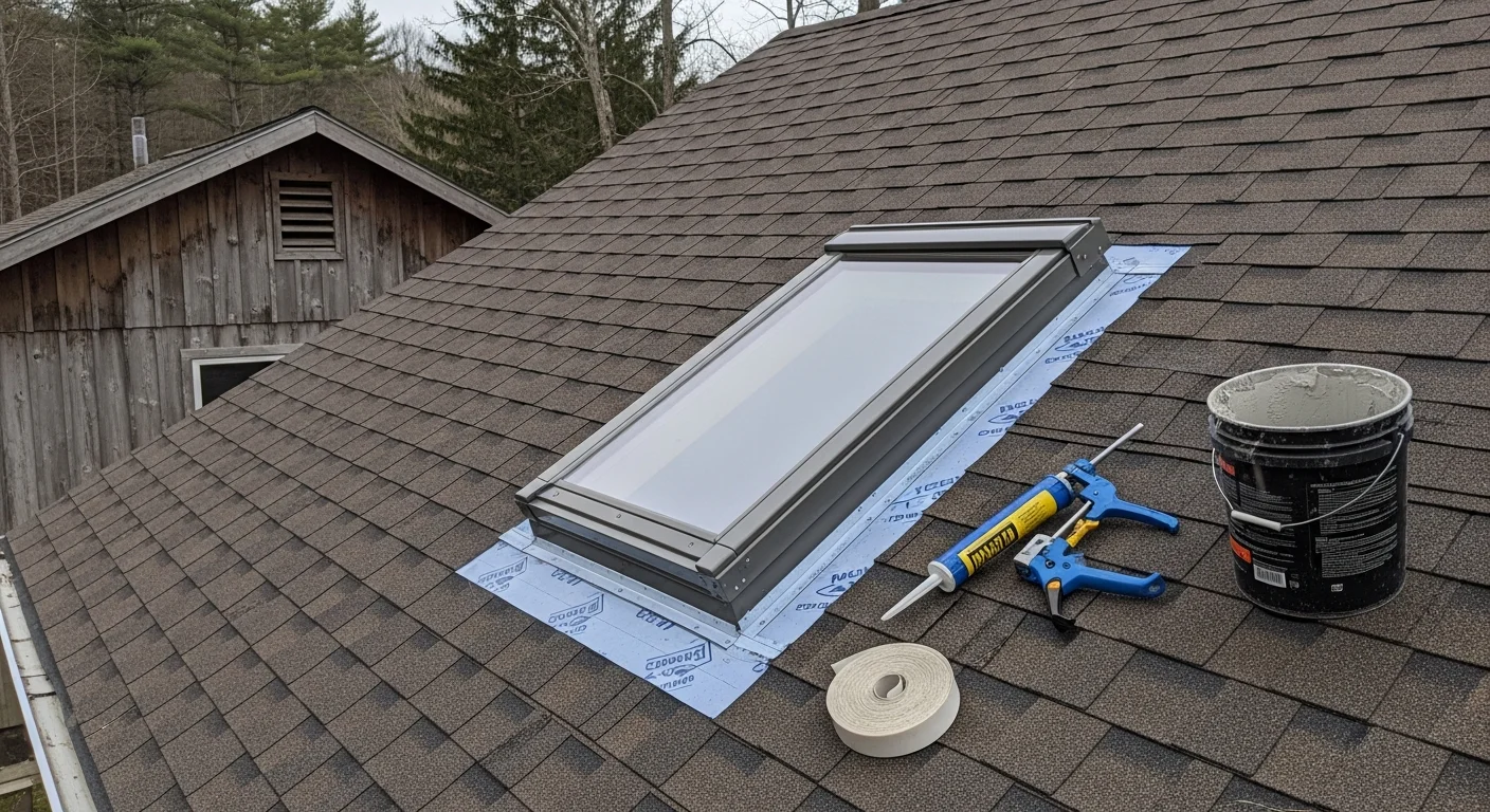 A newly installed skylight on a steep-pitched residential roof in the greater Pocono region, with fresh flashing and shingles integrated cleanly around the frame. The surrounding roof deck shows no signs of water damage or staining following the replacement.