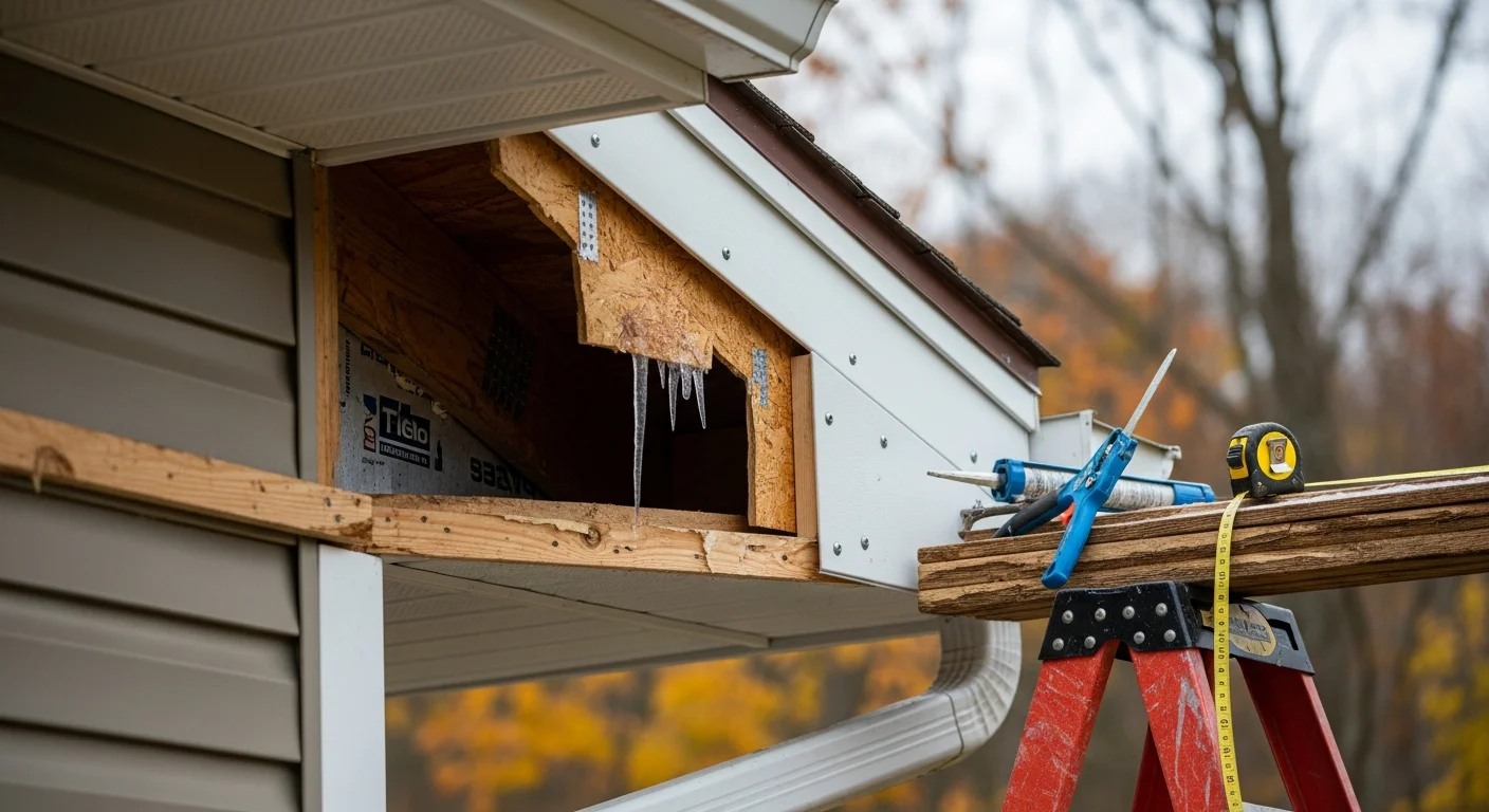 A Mountain Man Roofing crew member inspecting and replacing damaged soffit panels along the eave of a wood-sided home in the Pocono region. Freshly installed soffit sections are visible against the roofline with surrounding mountain tree cover in the background.