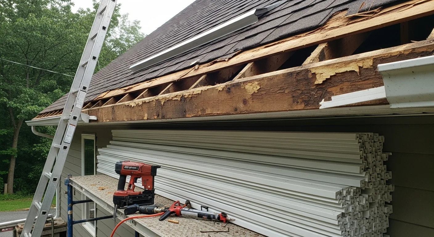 Close-up view of a Pocono-area home roofline showing newly installed vented soffit panels beneath the roof overhang. The finished panels run cleanly along the eave with no visible gaps, sagging, or damage.